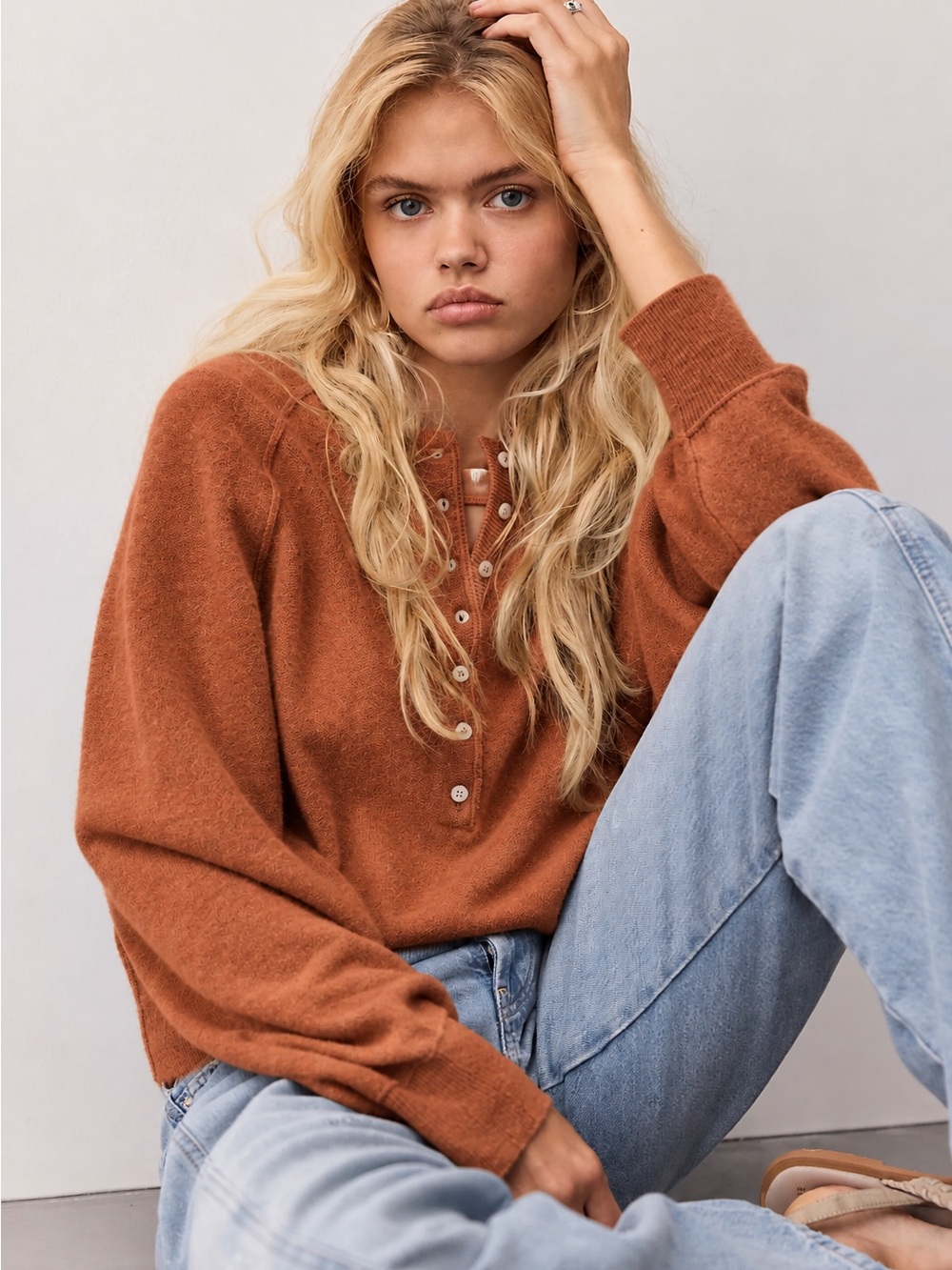Free People Porta Cashmere Henley Sweater Rust M 100% Cashmere